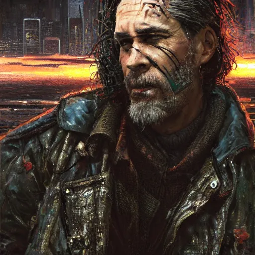 Image similar to cyberpunk, closeup portrait of a shaggy old cyberpunk fence, crooked teeth, bald, tired eyes, tattered tweed jacket, dramatic light, city background, sunset, dystopian setting, high contrast, sharp, neuromancer, the finn, painted by stanley lau, painted by greg rutkowski, painted by stanley artgerm, digital art, trending on artstation