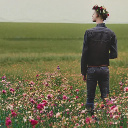 Image similar to kodak portra 4 0 0 photograph of a skinny blonde goth guy standing far back in a field of flowers, back view, flower crown, moody lighting, telephoto, 9 0 s vibe, blurry background, vaporwave colors, faded!,