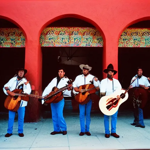 Prompt: photo, portrait, mariachi band, tlaquepaque, kodak ektachrome,