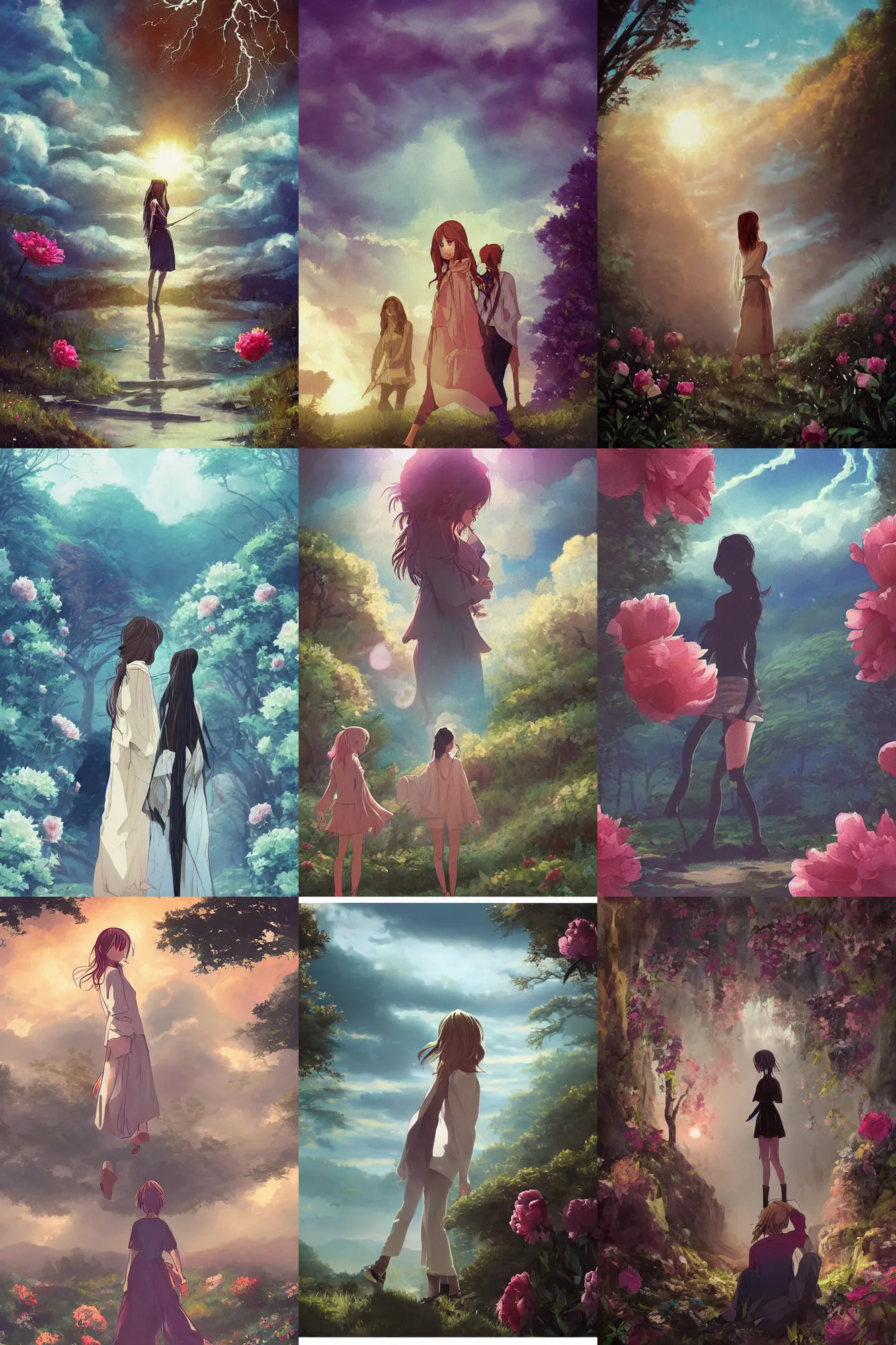 Prompt: room of the nameless painter, a cinematic boy girl traditional romance moment of a group of university friends hiking wearing boho clothing and peonies, standing silhouette against the sun, bestselling movie art poster, official media, 1970s fashion, official anime media, elegant decollete, sculpture, fog and rain, dynamic pose, thunder clouds in the sky, nature, illustration, intimidating lighting, incredible art by artgerm and greg rutkowski and doja cat