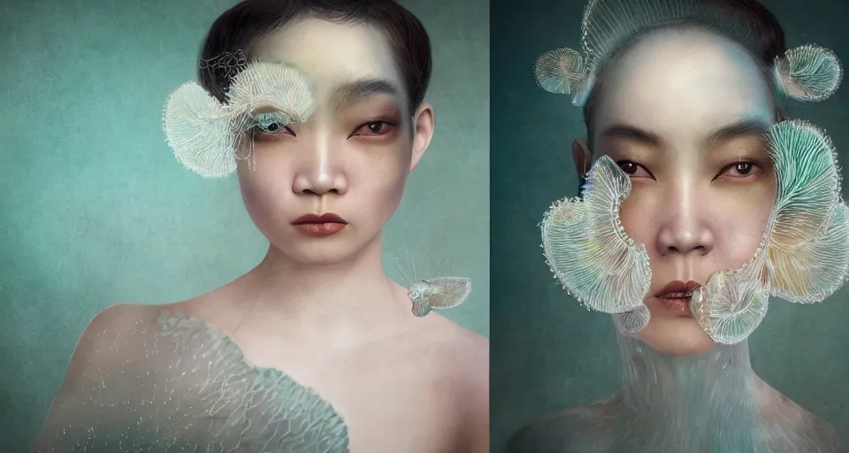 Image similar to closeup shot of asian female wearing a luminous soft fragile jelly fish dress, symmetrical face, by ray caesar, by louise dahl wolfe, by andrea kowch, by anna claren, surreal photography