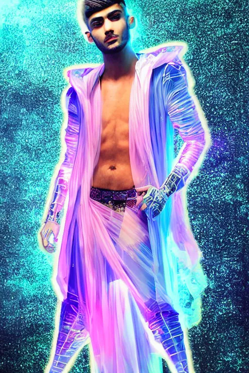 Prompt: full-body baroque and cyberpunk low-poly crystalline sculpture of attractive muscular iridescent Zayn Malik as a humanoid deity wearing a thin see-through plastic hooded cloak sim roupa, posing like a superhero, glowing pink face, crown of white lasers, large diamonds, swirling black silk fabric. futuristic elements. oozing glowing liquid, full-length view. space robots. human skulls. throne made of bones, intricate artwork by caravaggio. Trending on artstation, octane render, cinematic lighting from the right, hyper realism, octane render, 8k, depth of field, 3D