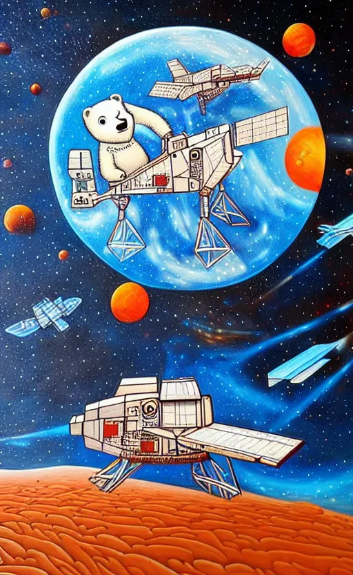 Prompt: an ice bear flying to mars by onur dinc, an impressive intricate detailed mural painting, onur dinc, grafitti art