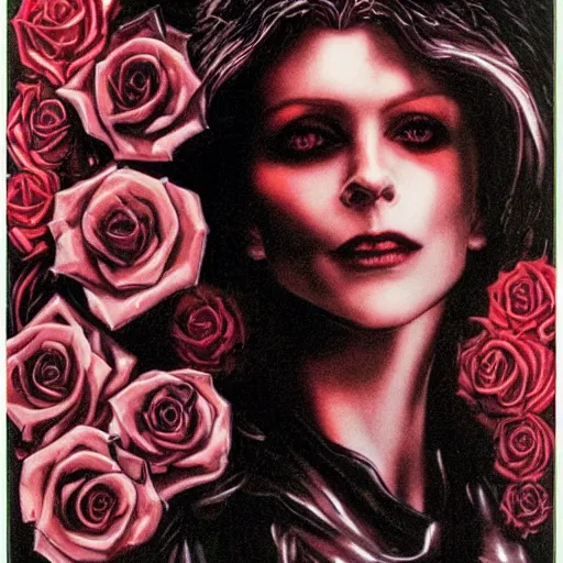 Image similar to 1990's movie poster for Vampire: the Masquerade, gothic horror, rose motif on bottom, stunning perfect face, highly detailed by Drew Struzan
