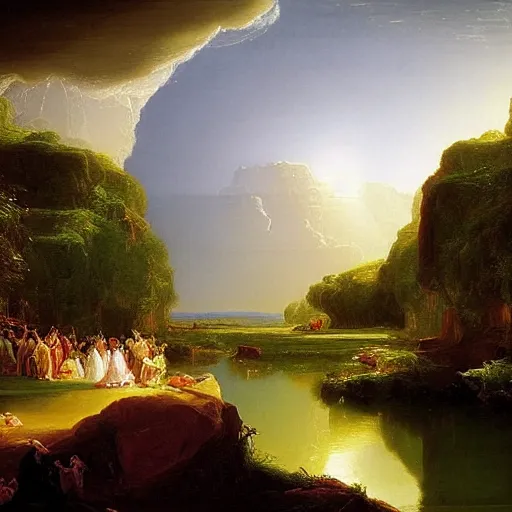 Prompt: An oil painting called: river of light that leads to God, painted by Thomas Cole, award winning, extremely detailed, 4k,