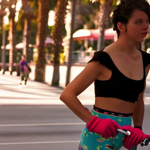 Image similar to a roller skater in a cinematic shot in santa monica, mid - afternoon, canon eos c 3 0 0, ƒ 1. 8, 3 5 mm, 8 k, medium - format print, inspired by roger deakins cinematography