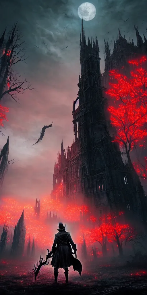 Image similar to abandoned bloodborne old valley with a obscure person at the centre and a ruined gothic city in the background, trees and stars in the background, falling red petals, epic red - orange moonlight, perfect lightning, wallpaper illustration by niko delort and kentaro miura, 1 6 k, ultra realistic