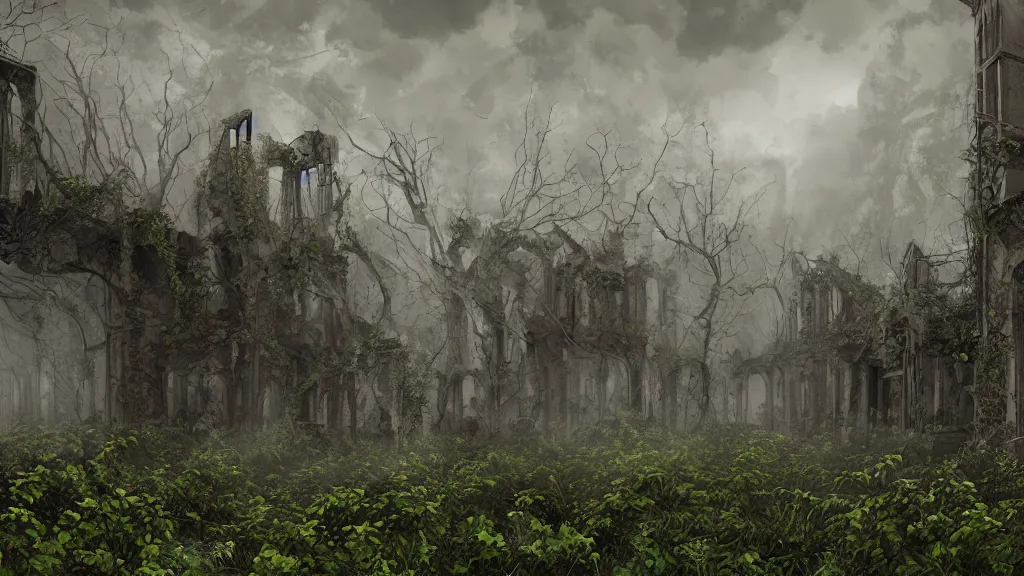 Image similar to an apocalyptic ruins, flowery, vines, foggy, eerie, scary, digital art