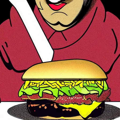 Prompt: precisely drawn illustration of a orson welles eating a giant hamburger, extra ketchup and mustard, bacon lettuce and tomato, wide angle, sharp, fine details, French comic style, vibrant realistic colors, full color, heroic fantasy, intense line art, 8k, precise linework, realistic, in the style of Richard Corben and Moebius