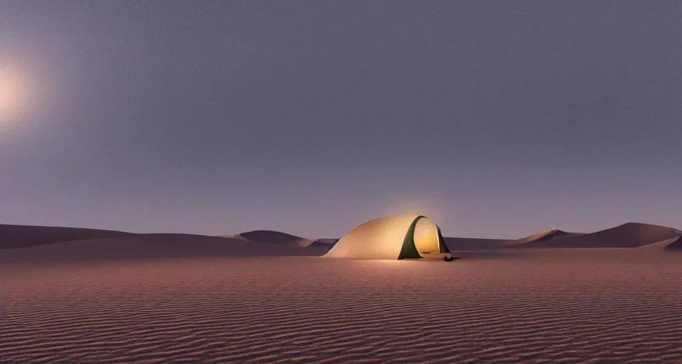 Image similar to hyper realistic matte painting of a small tent in the desert with dunes at midnight, dark color scheme, artstation