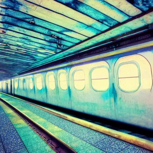 Prompt: futuristic, pastel colors, hd 8 k, abandoned, overgrown, lo - fi, vaporwave, subway station, trippy, fantasty