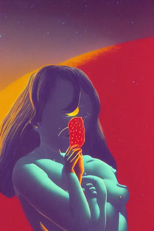 Image similar to a scifi closeup portrait of a young british woman licking a blotter paper of LSD acid on his tongue and dreaming psychedelic hallucinations in cosmos, by kawase hasui, moebius, Edward Hopper and James Gilleard, Zdzislaw Beksinski, Steven Outram colorful flat surreal design, hd, 8k, artstation