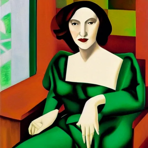 Image similar to portrait of writer clarice lispector in her green dress, by tamara de lempicka