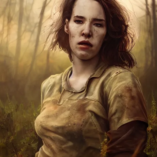 Image similar to fallout 5, charismatic beautiful rugged female scavenger, portrait, outdoors forest campsite, atmospheric lighting, painted, intricate, volumetric lighting, beautiful, daytime, springtime, slight overcast, sharp focus, deep colours, ultra detailed, by leesha hannigan, ross tran, thierry doizon, kai carpenter, ignacio fernandez rios