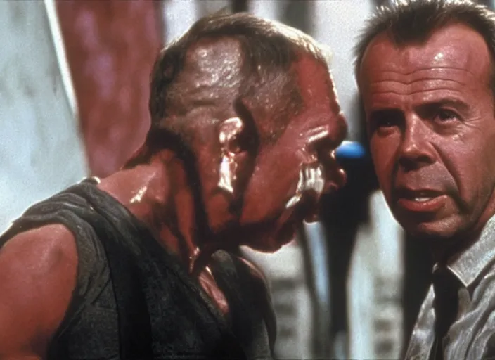 Image similar to a still from die hard with warwick davis