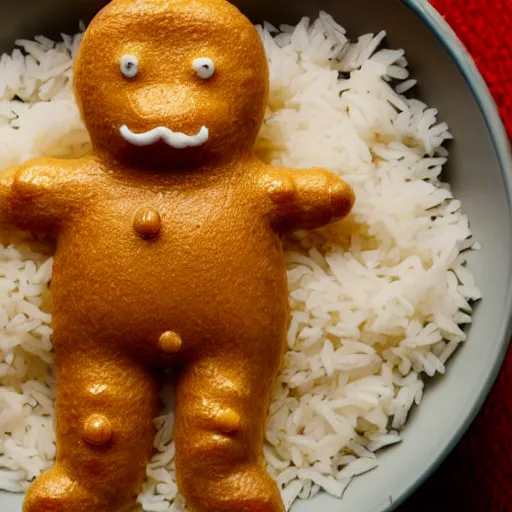 Image similar to ginger man bathing in a large bowl of white rice