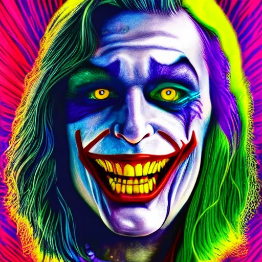 Image similar to an extremely psychedelic portrait of megan fox as the joker, surreal, lsd, face, detailed, intricate, elegant, lithe, highly detailed, digital oth, sharp focus, illustration,