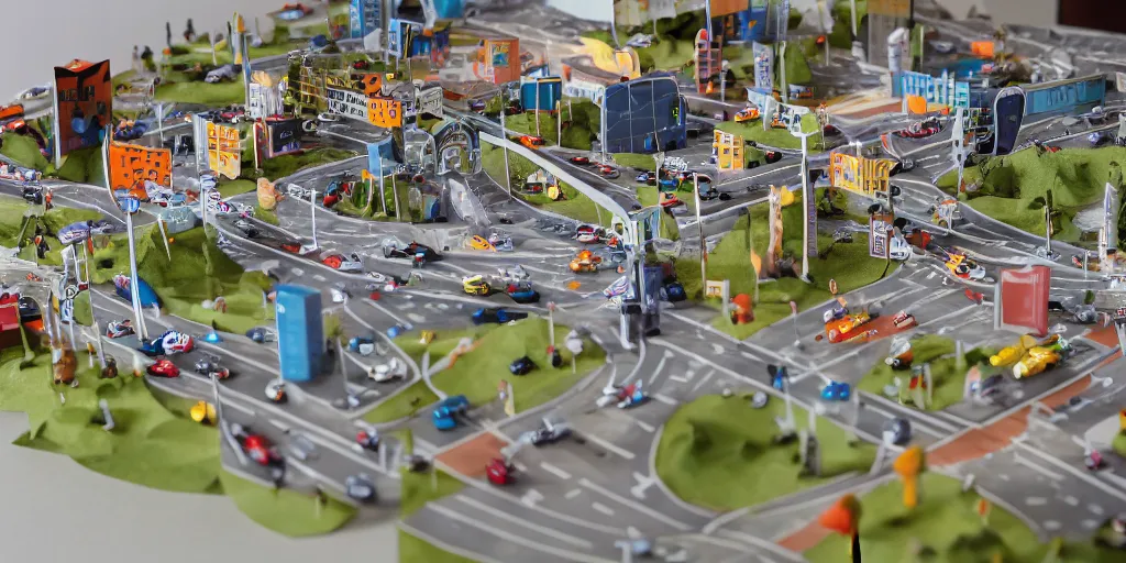 Image similar to paper craft diorama of a city with people and cars