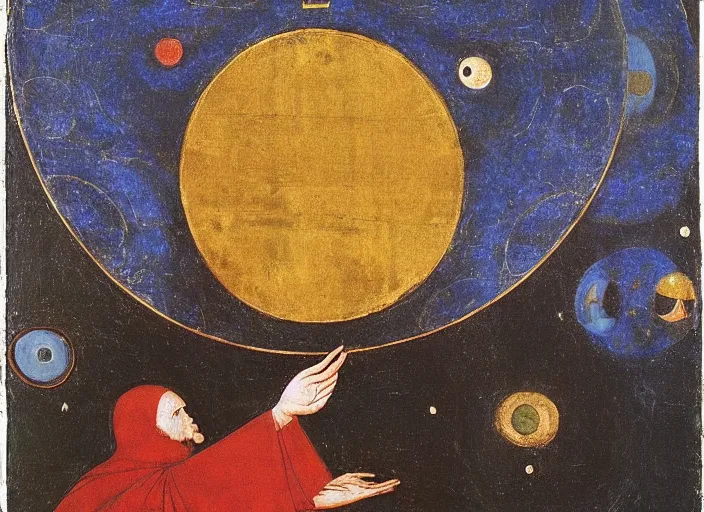 Image similar to A shaman holding up the universe, by Paolo Uccello, reflection, symbolist, soft colors, dramatic lighting, smooth, sharp focus, extremely detailed, aesthetically pleasing composition