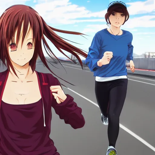 Image similar to anime style, gta 5, girl is running, happy face, red sport clothing, marathon race, brown short hair, hair down, symmetrical facial features, from arknights, hyper realistic, rule of thirds, extreme detail, 4 k drawing, safebooru, realistic lighting, by alphonse mucha, greg rutkowski, sharp focus, backlit