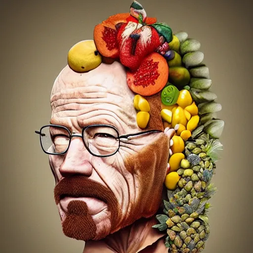 Image similar to giuseppe arcimboldo walter white, covered with fruits, unreal engine