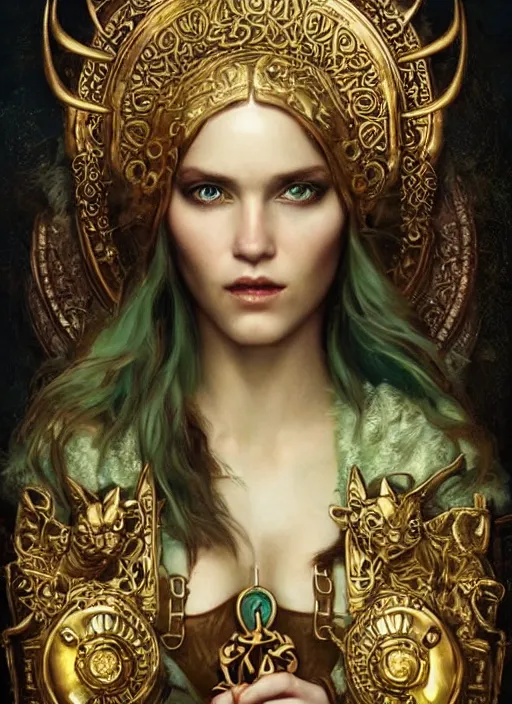 Prompt: beautiful viking woman surrounded by treasure and gold, perfect face, green eyes, wearing an ornate golden robe, two cats in background, tom bagshaw