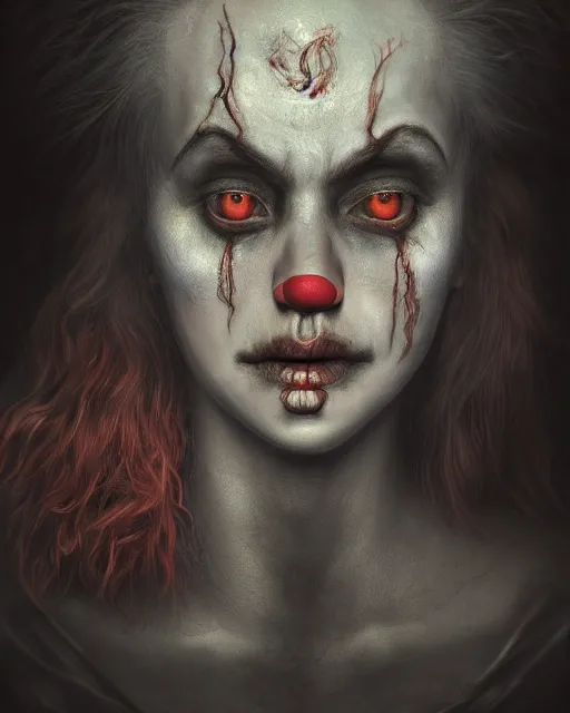 Prompt: centered detailed portrait of a sad clown identical eyes, fantasy, illustration, slender symmetrical face and body, artstation, cinematic lighting, hyperdetailed, cgsociety, 8 k, high resolution, charlie bowater, tom bagshaw, single face, insanely detailed and intricate, octane render, dark fractal background, vfx, postprocessing, featured on artstation, well - rendered