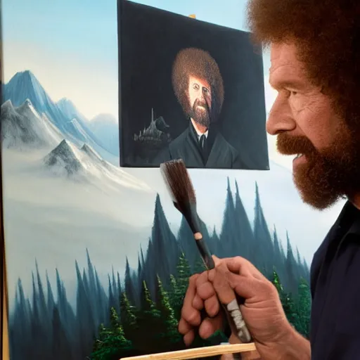 Prompt: a closeup photorealistic photograph of bob ross working on a canvas painting of darth vader. film still. brightly lit scene. mountains and trees. this 4 k hd image is trending on artstation, featured on behance, well - rendered, extra crisp, features intricate detail, epic composition and the style of unreal engine.