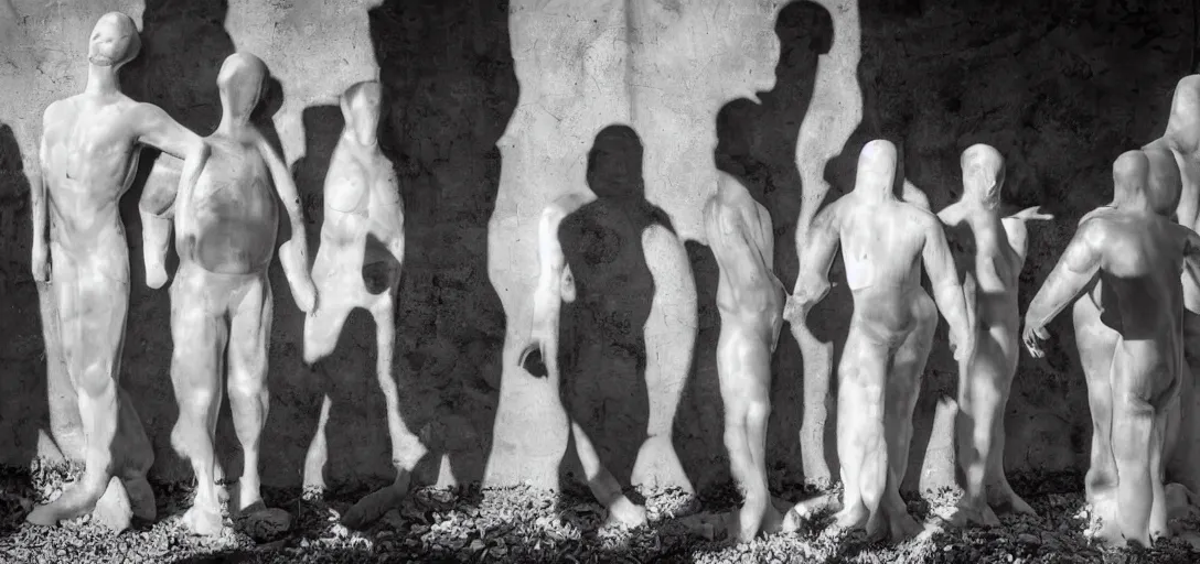 Image similar to multiple close interacting human figures, transparency, sss, occlusion, high contrast, very long shadows, on white