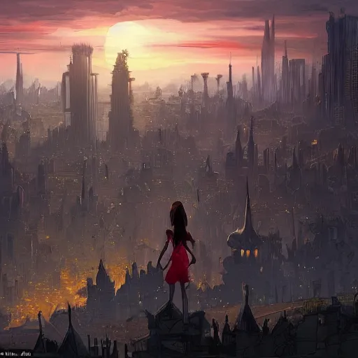 Image similar to a girl looks over a city at sunset, the city is a sprawling medieval city that is built amidst decaying brutalist alien architecture and overgrown by the rainforest, rpg, hubert robert, cityscape, vista, dying earth