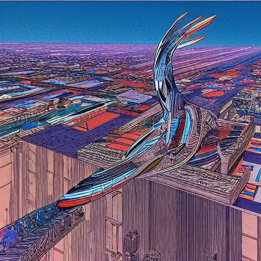 Image similar to A bird's-eye view futurism by jean giraud detailed illustration