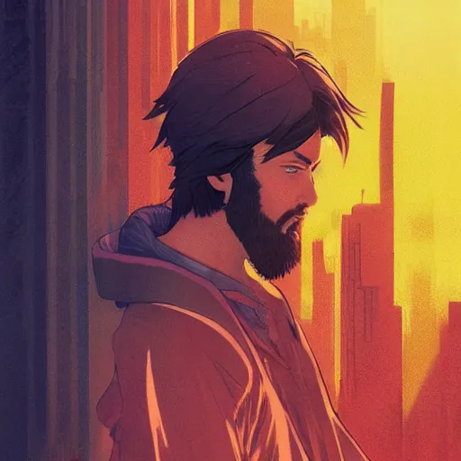 Image similar to concept art character, very high angle view, book cover, very attractive man with beard, walking in cyberpunk valley highly realistic shaded Perfect face, fine details, Anime. realistic shaded lighting by Ilya Kuvshinov katsuhiro otomo ghost-in-the-shell, magali villeneuve, artgerm, rutkowski, WLOP Jeremy Lipkin and Giuseppe Dangelico Pino, borderlands 3 style, Michael Garmash and Rob Rey book cover, deep shadows, , extremely fine inking lines