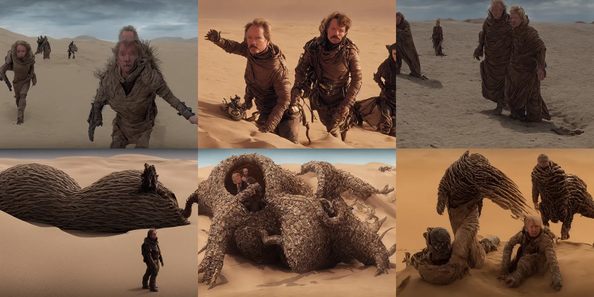 Prompt: cinematic still from the movie dune : ( subject =!!! donald trump!!! and dune sandworm hybrid + subject detail = john carpenter the thing, dom qwek, john howe, anatomical,!! bile!! ), in the last of us, intricate detailed, ommatidia, 8 k, cinematic atmosphere, post - processing