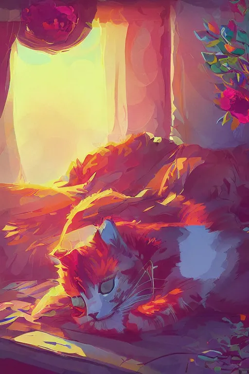 Image similar to a digital art of a cat sleeping in the room with flowers around in the afternoon, the sun shines in, animal, light effect, highly detailed, by anton fadeev