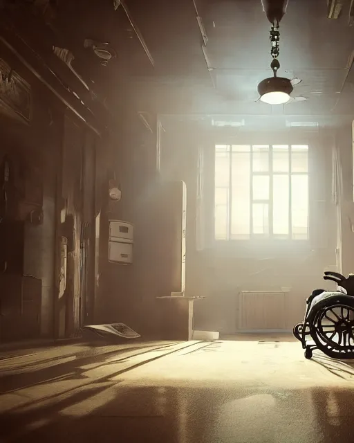 Image similar to artstation scifi scene of a a shabby chinese ward, a bouquet of light on the ground business card, huge floor - to - ceiling fan, wheelchair, crutches, dust, paneled walls, unreal engine 5, hyper realism, realistic shading, cinematic composition, blender render, octane render, hdr, detailed textures, photorealistic, wide shot