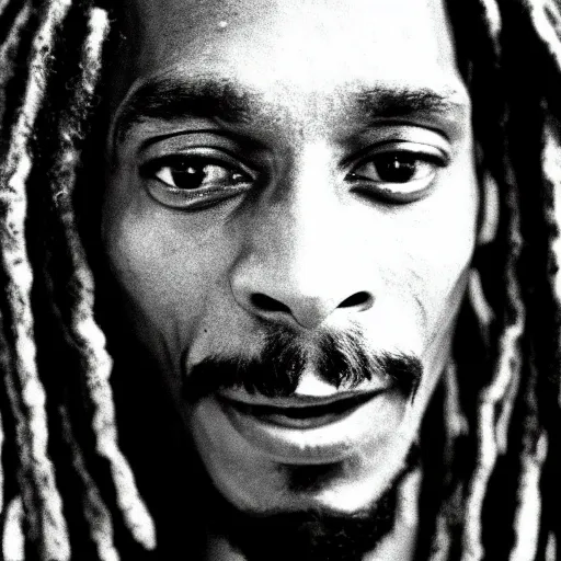 Image similar to cinematic film still of Snoop Dogg as Bob Marley, candid photo, 1999, Jamaica, shallow depth of field, close up photograph, epic lighting