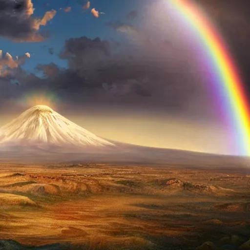 Prompt: a detailed matte painting of noah's ark, double rainbow in a clear blue sky, mount ararat far away in the background, art by artgerm and greg rutkowski and alphonse muchan, cosmic, heavenly, god rays, intricate detail, cinematic, 8 k, cel shaded, unreal engine, featured on artstation, pixiv