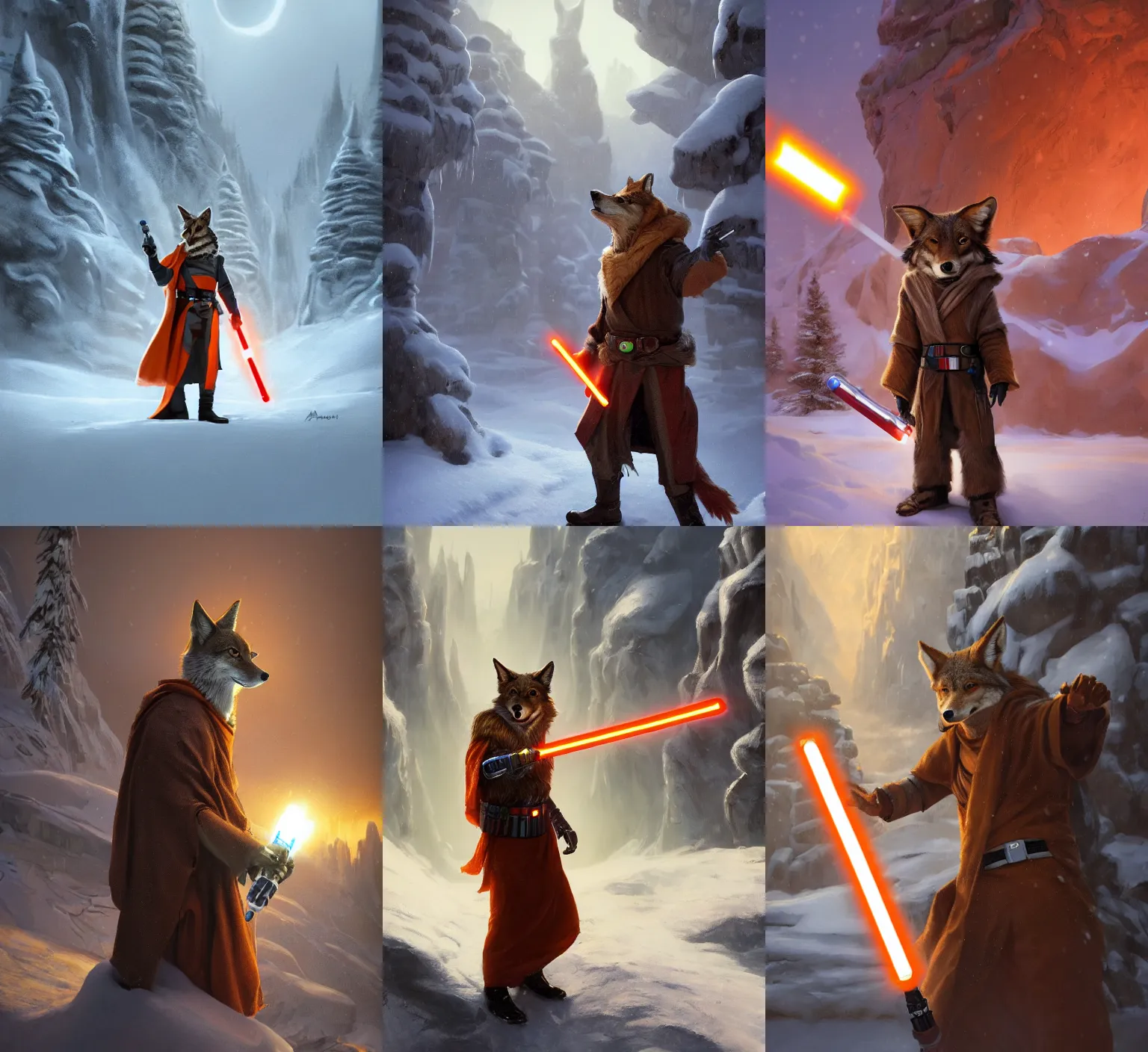 Prompt: portrait, anthropomorphic coyote wearing Jedi robes wielding an orange lightsaber in a snow mountain town. Dramatic lighting, cinematic, establishing shot, extremely high detail, photo realistic, post processed, artstation, matte painting, style by eddie mendoza, raphael lacoste, alex ross