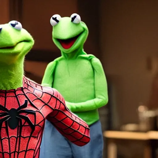 Prompt: photo of Kermit the frog as spiderman in averngers movie