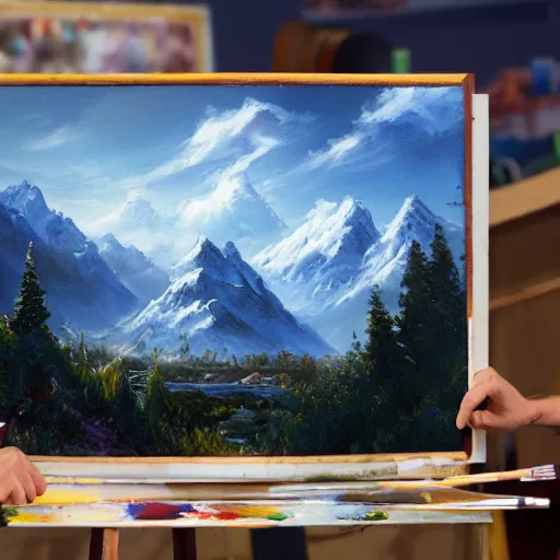 Image similar to a closeup photorealistic photograph of bob ross working on a canvas painting of spiderman. film still. brightly lit scene. mountains and trees. this 4 k hd image is trending on artstation, featured on behance, well - rendered, extra crisp, features intricate detail, epic composition and the style of unreal engine.