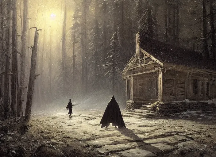 Prompt: A hooded figure carrying a torch approaches an abandoned tavern on a moonlit night, Ivan Shishkin and Greg Rutkowski