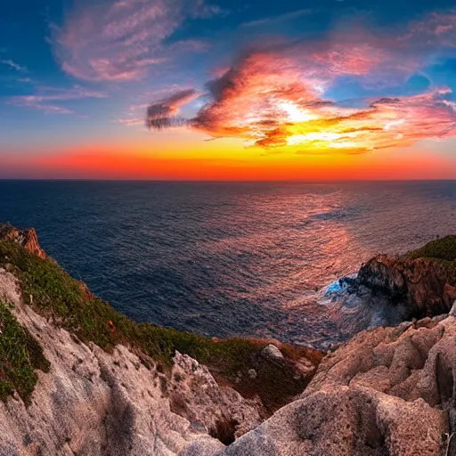 Image similar to Panoramic sunset from a rocky cliff above the ocean with huge curly cotton candy clouds digital art