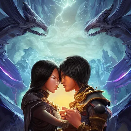 Image similar to a young couple, a human Asian male rogue and an Asian lightning goddess! hugging each other in front of the magical portal of eternity!, D&D, fantasy, intricate, elegant, highly detailed, portrait, medium shot, waist up, digital painting, artstation, concept art, matte, sharp focus, illustration, hearthstone, art by Artgerm and Greg Rutkowski and Alphonse Mucha