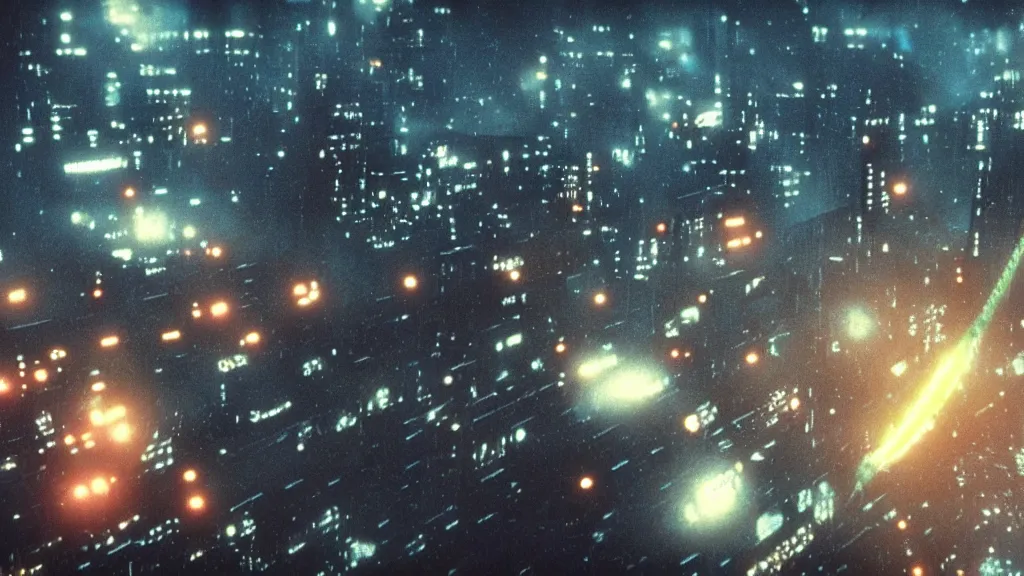 Image similar to spaceship flying over city, a screenshot of blade runner