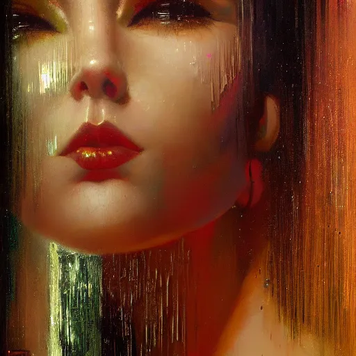 Image similar to detailed face of a woman clothed in textiles, lush, opulent, fauna, utopian, tech noir, wet reflections, prism, atmospheric, ambient, pj crook, syd mead, livia prima, artgerm, greg rutkowski, nick alm, casey baugh