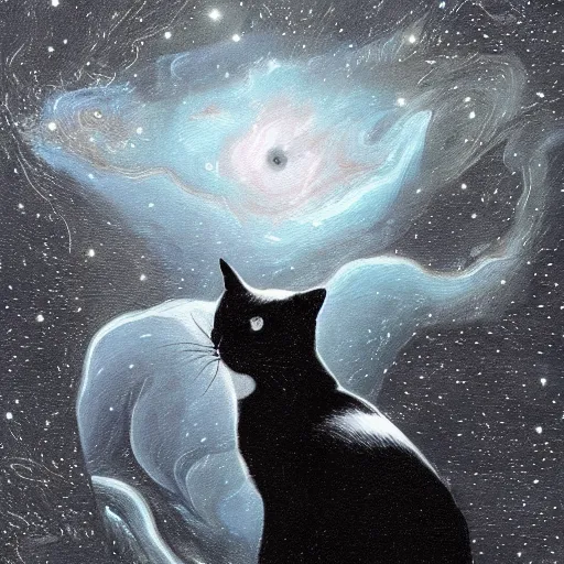 Image similar to a painting of a black and white cat in a cosmic scenic environment by steve argyle, hyperdetailed, beautiful, stars, planets, nebula, trending on artstation