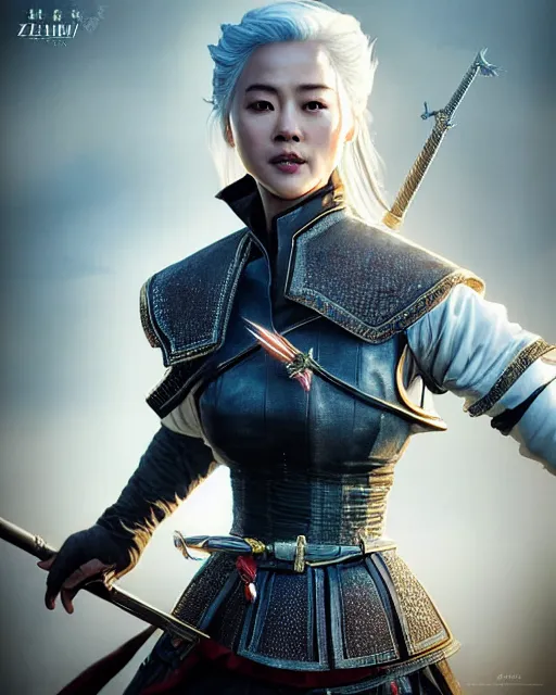 Image similar to Zhang Ziyi as Ciri from Witcher 3 by Artgerm and Greg Rutkowski, wearing haute couture by schiaparelli, sharp focus, sun rays, intricate, elegant, highly detailed, digital painting, masterpiece.