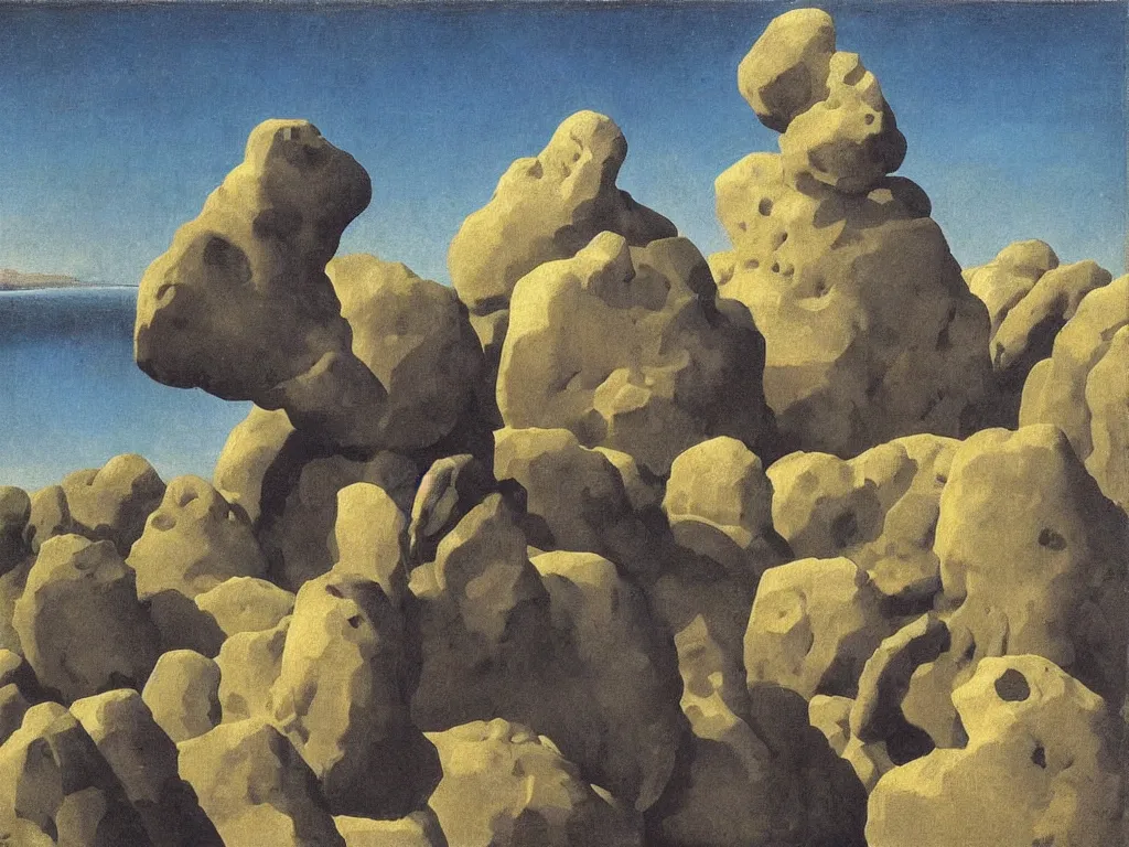 Image similar to The sentient rocks are taking revenge. long, long shadows over the man. Surreal everything: tooth an nail. Painting by Zurbaran, Rene Magritte, Jean Delville, Max Ernst, Maria Sybilla Merian