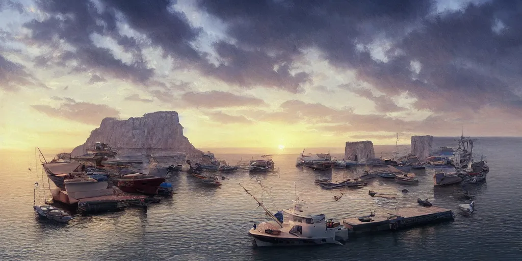 Image similar to wood dock, car on dock, big fishing boat next to the dock with waving sailors. low angle, sunrise, a mediterranean phoenician fishing village in the distance, chalk cliffs above, highly detailed, digital painting, artstation, concept art, sharp focus, illustration, art by artgerm and raphael lacoste and magali villeneuve