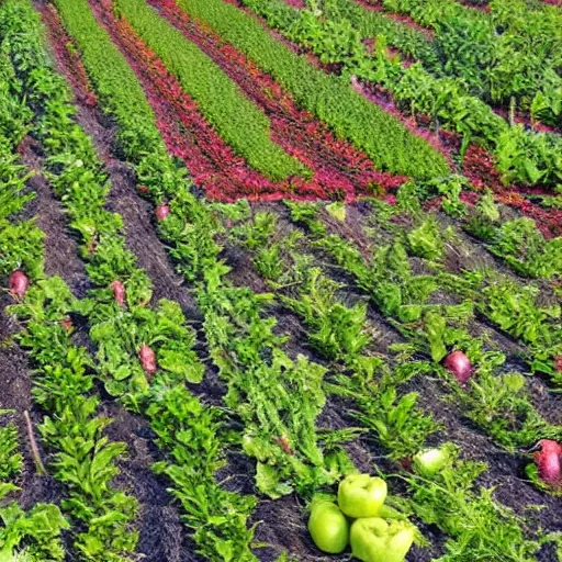 Image similar to biodynamic farm, beautiful, astrological features in the sky, vivid color schemes, rows of vegetable crops, grazing sheep, fruit trees